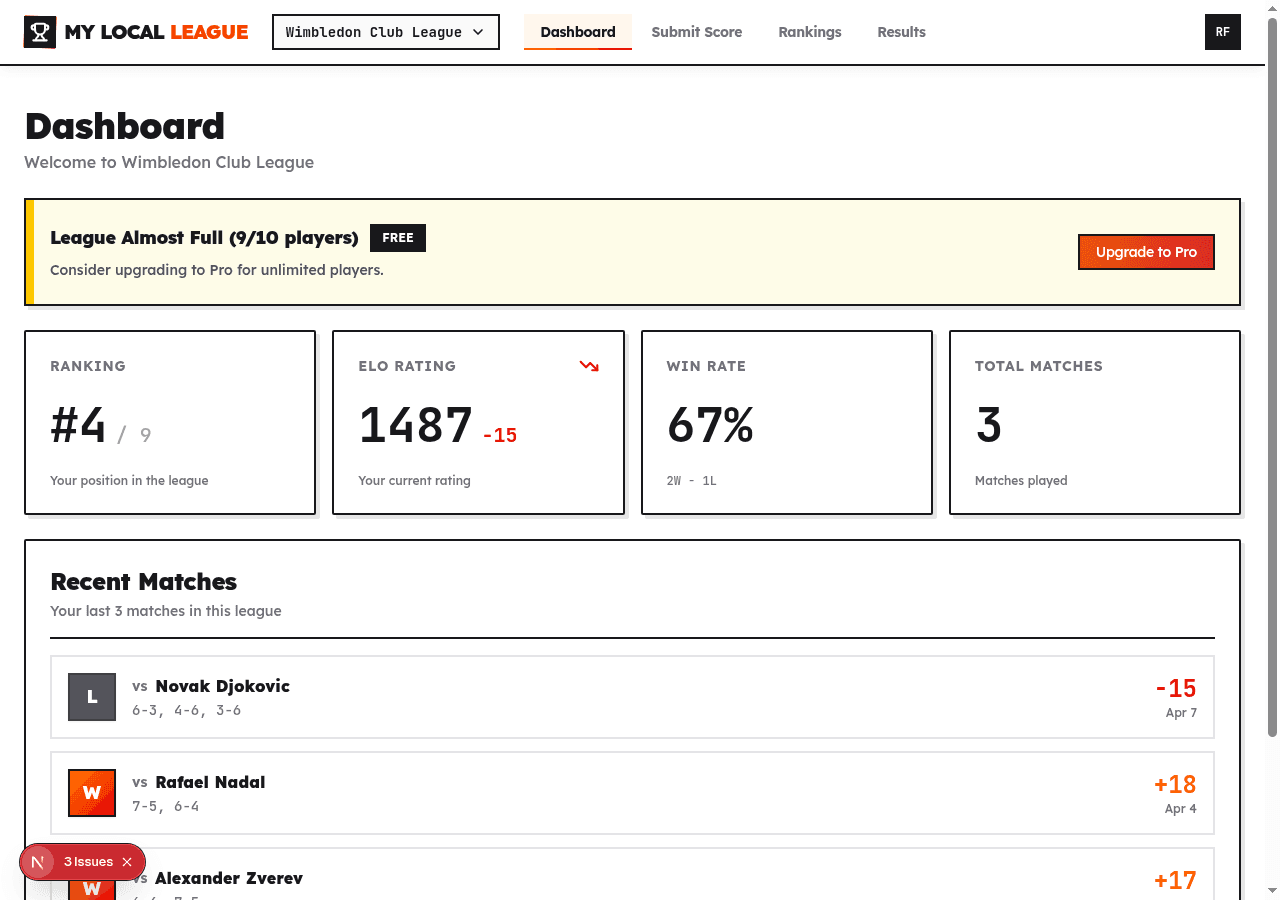 Player dashboard showing personal stats, ELO rating and recent matches