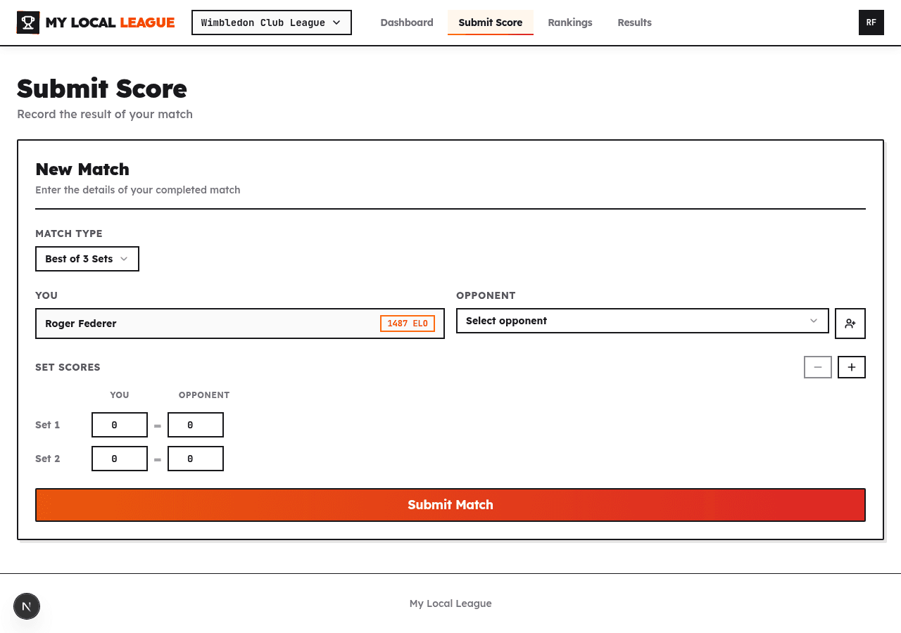 Score submission form with set-by-set score entry